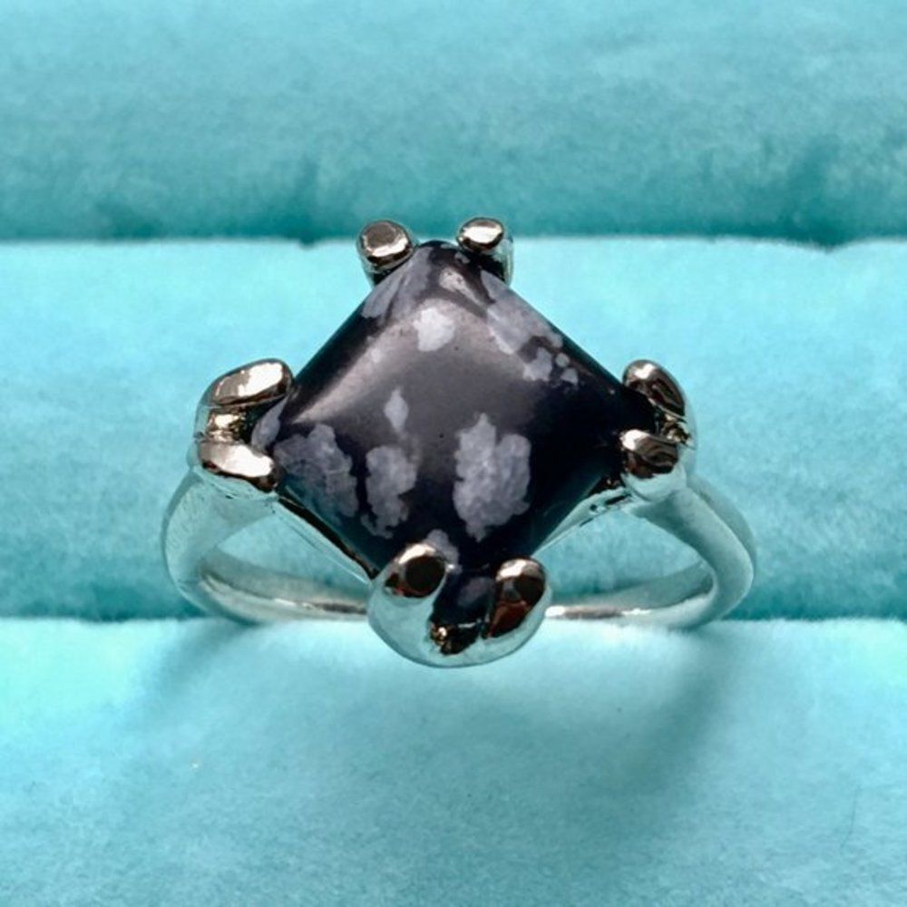 Silver Tone Ring Black Snowflake Obsidian Volcanic Glass Size 8.75